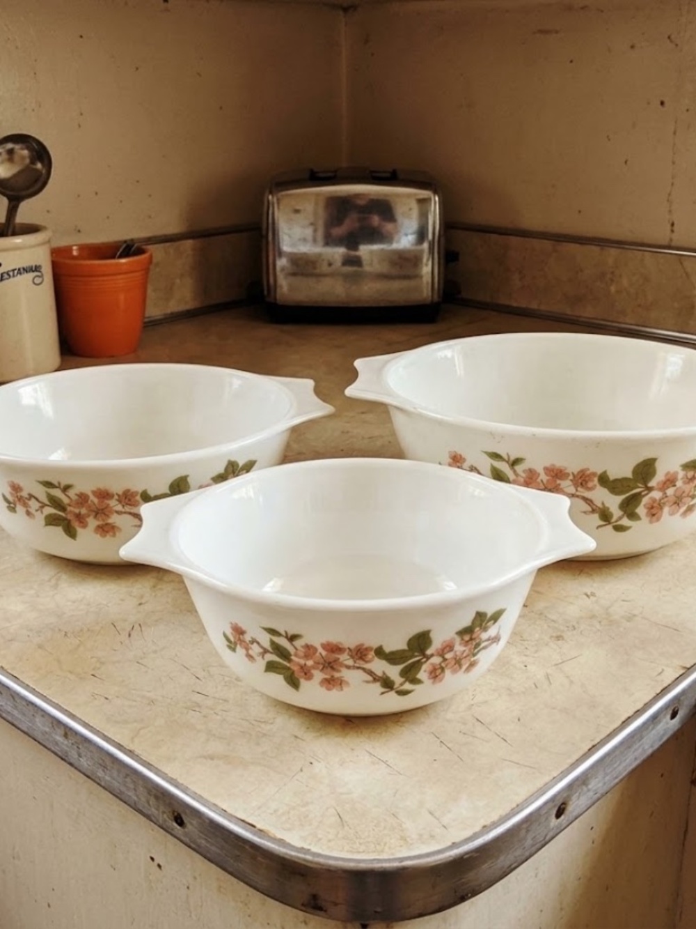 3 Pyrex "Lisa" (Cherry Blossom) round casserole dishes made in England
